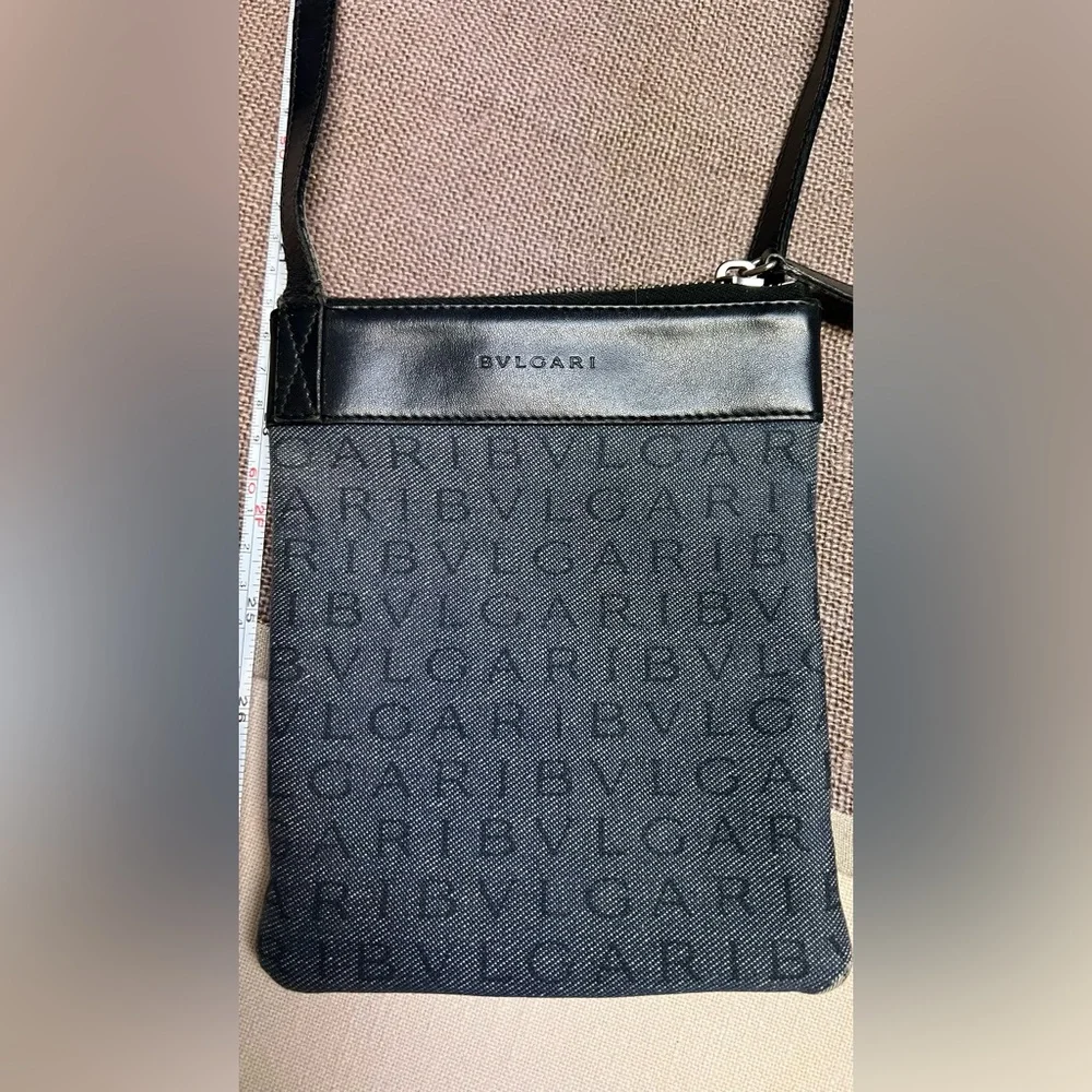 Bvlgari Logo Mania Mini Crossbody Navy Denim Canvas Black Leather Trim Authentic